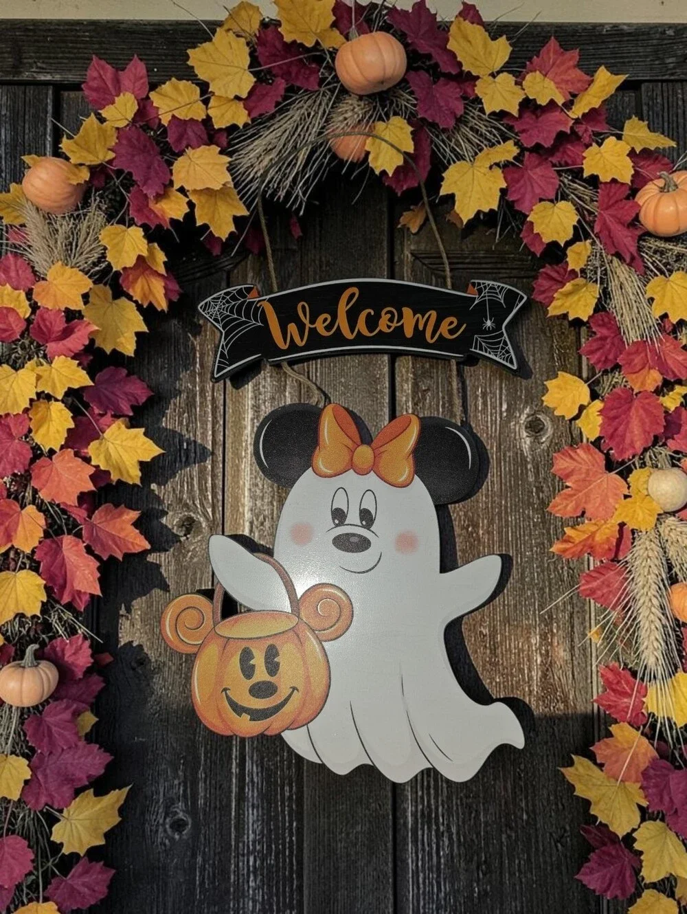 Minnie Halloween Ghost Door Hanger - White and Orange Welcome Sign